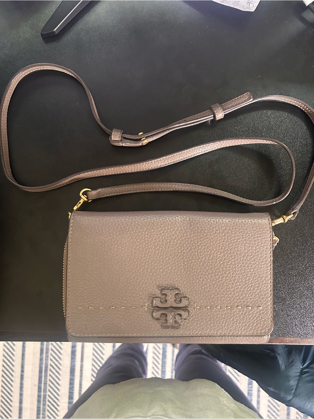 Tory Burch Pebbled Leather Crossbody in Taupe Brown with Gold Hardware